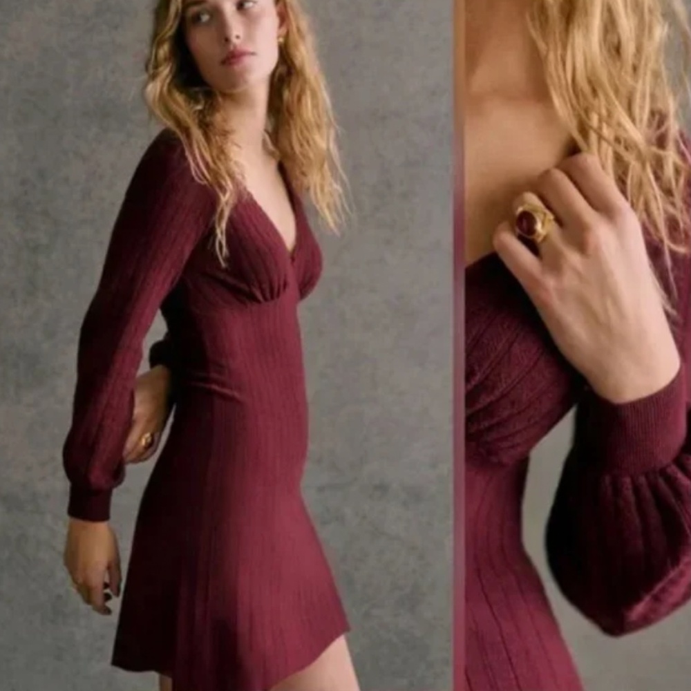 Sezane Delia Mini Dress Burgundy Wine Knit